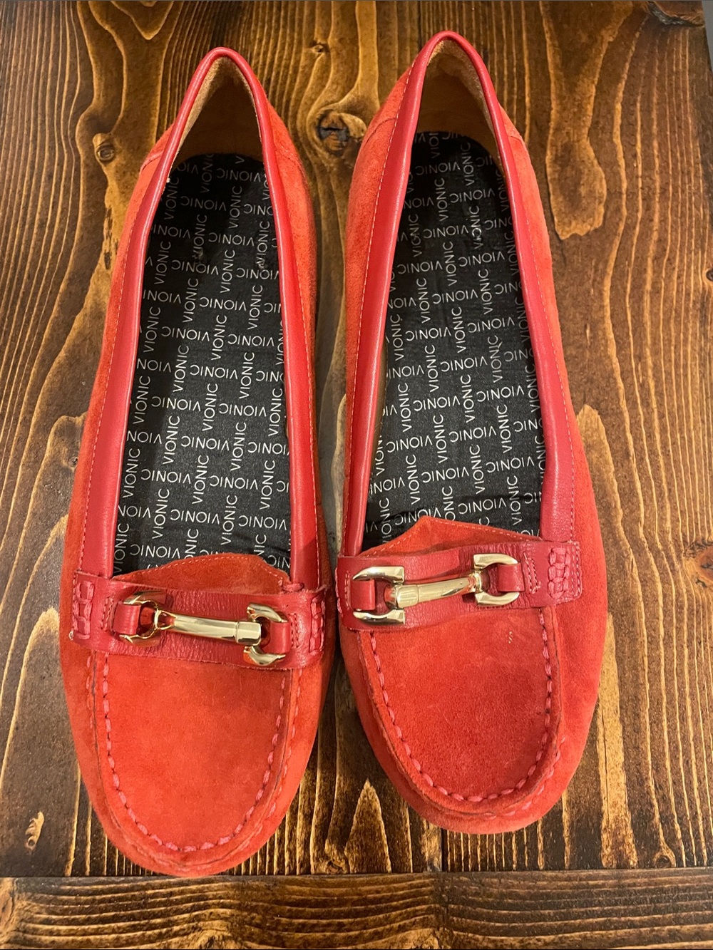 Vionic Red Suede Moccasins with Gold Bit Detail